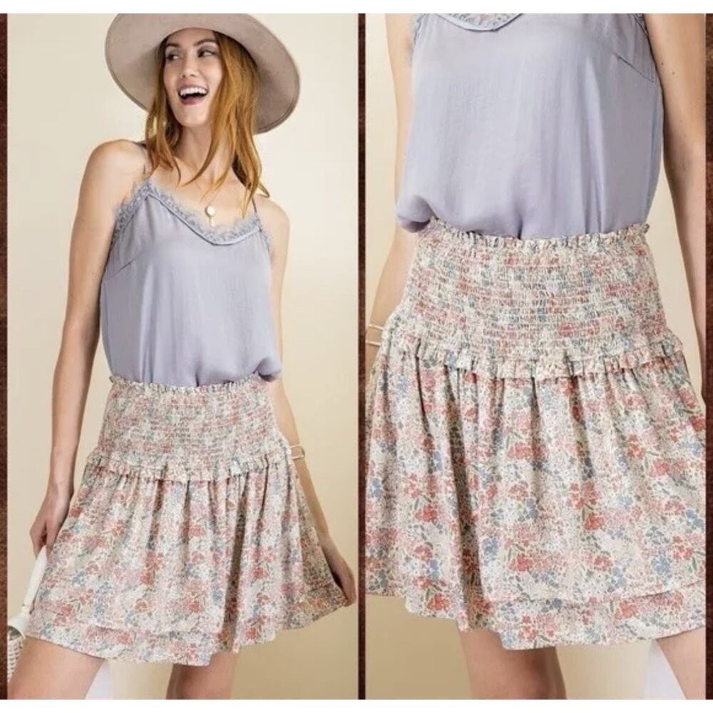 EASEL Smocked Waist & Hip Gathered Skirt Skort Sz. S W/Ruffled Trim Floral fairy